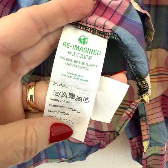 J.CREW Classic Plaid Shirt Blue Pink Green Silk Blend M Preppy Cottagecore - Picture 4 of 5